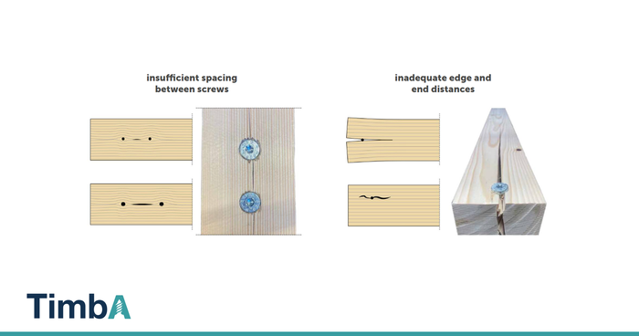 Diagram of insufficient screw spacing and inadequate edge and end distances causing timber to split.