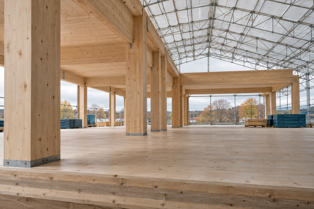 AI illustration of an unfinished mass timber interior beneath temporary overhead weather protection.