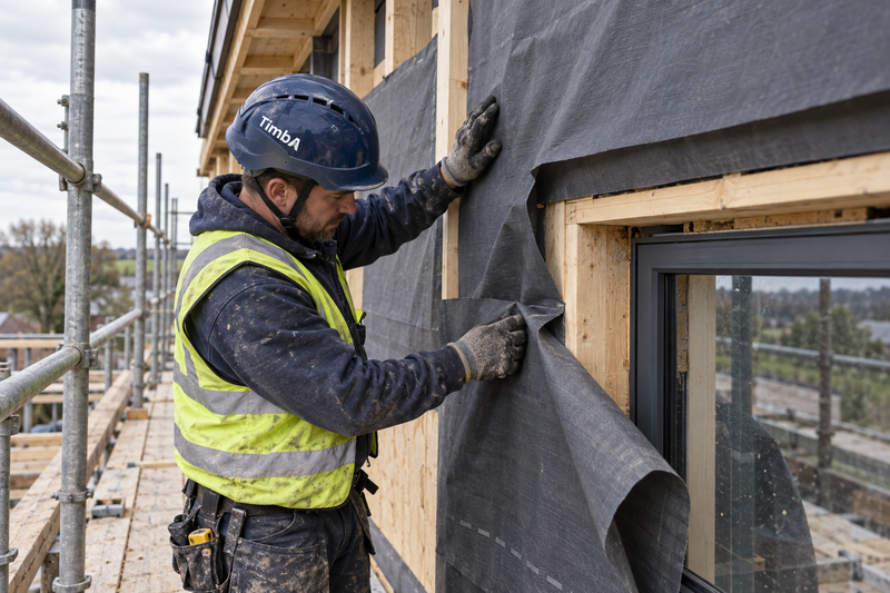 Illustration of an installer handling a loose membrane at a timber window junction from scaffolding, wearing a navy TimbA helmet.