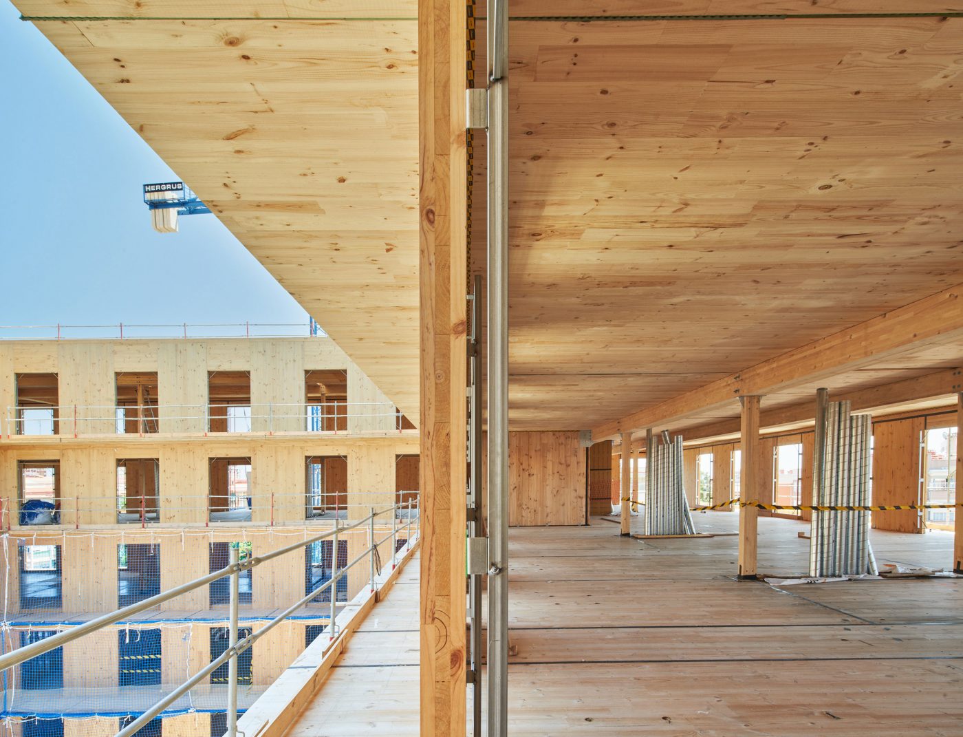 Glulam and CLT mass timber frame being assembled on site