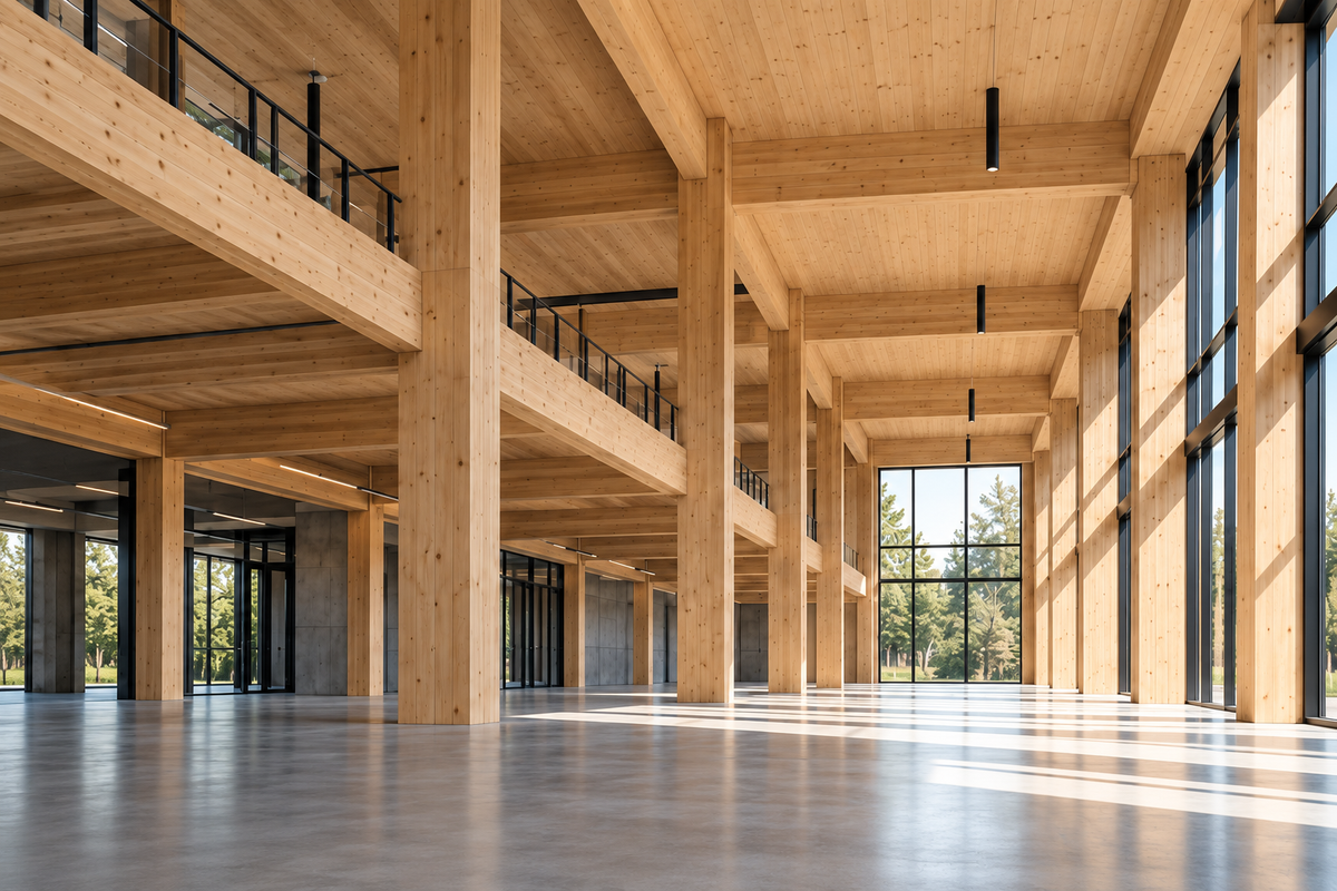 Illustration of a mass timber interior with glulam columns and timber ceiling panels